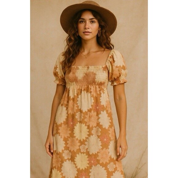 Faherty Mini‎ Dress Ramona Smocked Sz S Peach Jicaro Island Floral Cottage Boho - Picture 1 of 15